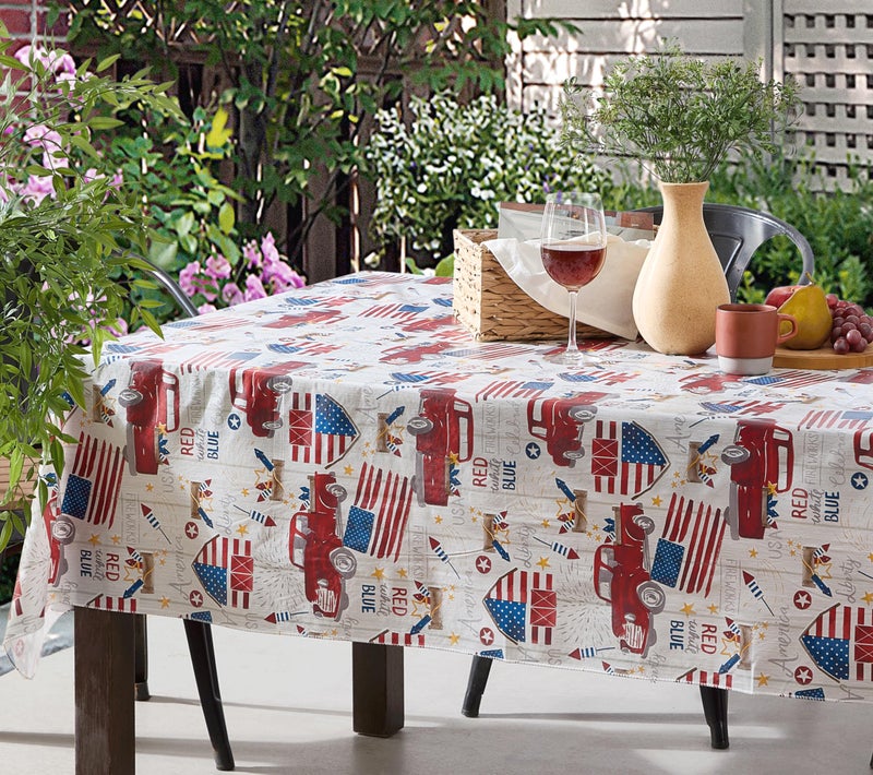 Newbridge Rectangle Vinyl Tablecloth with Flannel Backing, 52 x 70 Inch, Patriotic Truck, Indoor Outdoor Waterproof Vinyl Table Cloth, American Celebration Red Trucks and Flags - Image 5